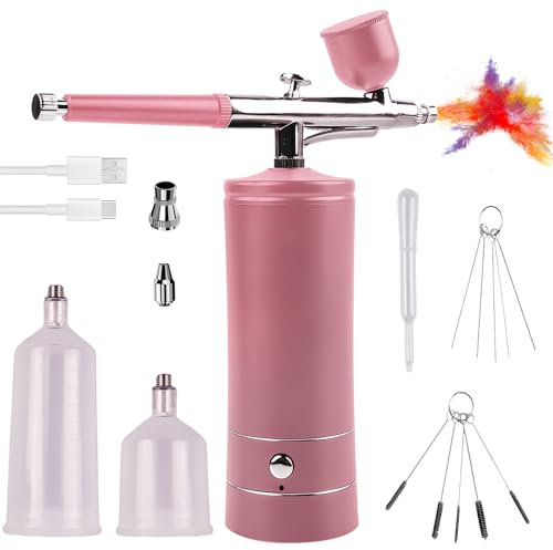 Tragbare Airbrush Kit, Wiederaufladbare Handheld Airbrushpistole mit Bürste, Mini Airbrush mit Kompressor für Nageldesign Kuchendekoration, Makeup, Tattoo-Modellierung, Modellfärbung (Rosa)