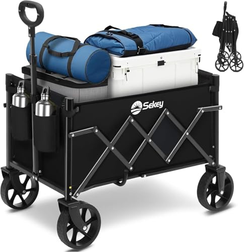Sekey 220LBS Folding Festival Trolley on Wheels, Heavy Duty Camping trolley with All-Terrain Wheels, Portable Beach wagon, Adjustable Handle, Space-Saving Cart for Shopping Outdoor - Black
