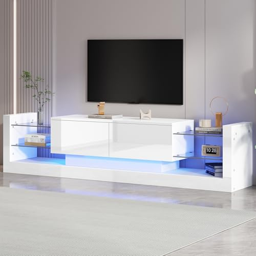 Azkoeesy LED TV-Schrank 180 cm im Hochglanz weiß für Wohnzimmer, mit 4 Glasböden und 2 Klapptüren, Moderner TV-Board Fernsehschrank