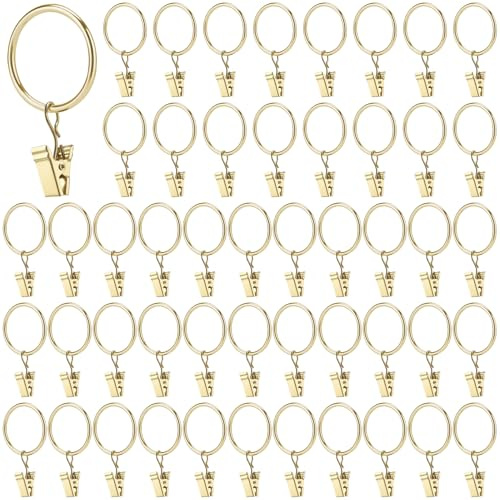 CHUIFAI 50 Stück 30mm Metall Gardinenringe mit Clips, Gold Gardinenringe mit Klammern, Metall Vorhangringe Vorhang Hängend Ringe, Vorhangclips Gold für Duschvorhänge Fenstervorhänge