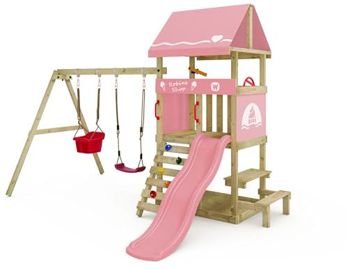 Wickey Climbing Frame DinkyHouse with picnic table - pastel pink slide & tarp - Children's playground for the garden made from solid wood - 334x317x247 cm