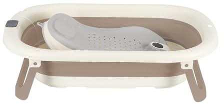 Faltbare Babybadewanne mit Thermometer, Badewannenliege, Duschanschluss, rutschfester Saugnapf, für Neugeborene 0-24 Monate (Khaki, 43 x 71 x 18,5 cm)