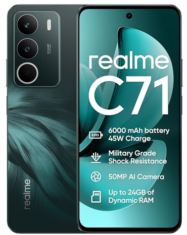 realme Smartphone C71 8+256 GB, Display LCD HD da 6.6 pollici 120Hz, batteria 6000mAh, Ricarica rapida 45W, Fotocamera principale 50MP, Telefono cellulare Dual SIM 4G, Verde giada