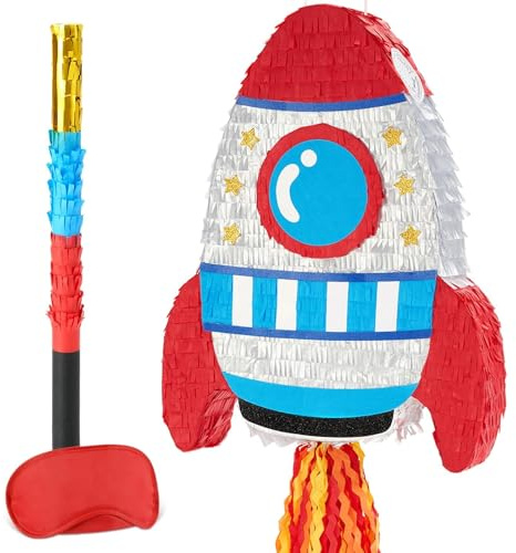 WERNNSAI Rakete Pinata – Rakete Deko Pinata Geburtstag Junge Kinder Astronaut Raumschiff Piñata mit Stock Augenmaske Weltraumabenteuer Geburtstagsparty Dekoration Galaxie Astronauten Piñata Spiele