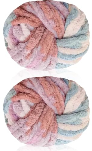Cnwinu 2 stycken grovt garn, 240 g chenillegarn för handstickning, flerfärgade mjuka tjocka ull, super tjock ull för stickning och virkning av filt, kudde, husdjurssängar, påsar, hattar, sjalar