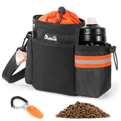 Eyein Leckerlibeutel für Hunde, Futterbeutel Hunde mit Kotbeutelspender und Wasserflaschenhalter, DREI Verwendungsarten-Hunde Leckerlitasche mit Verstellbarer Schultergurt/Gürtel/Gürtelclip, Orange