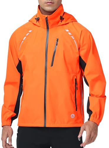 Nepest Waterproof Jacket for Cycling - Lightweight Packable Breathable & Windproof Jackets - 6 Pockets, Reflective, UPF50+, Ideal for Running Hiking & Golf, Neon Orange L