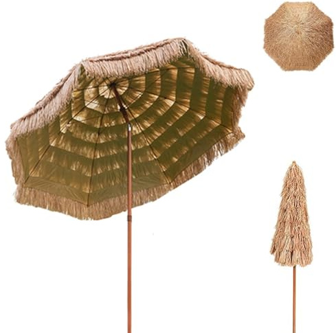 Tropical - Sombrilla de playa ajustable de 2 m/2,4 m, portátil, estilo hawaiano, toldo de paja para jardín y exteriores, protección UV (200 cm)