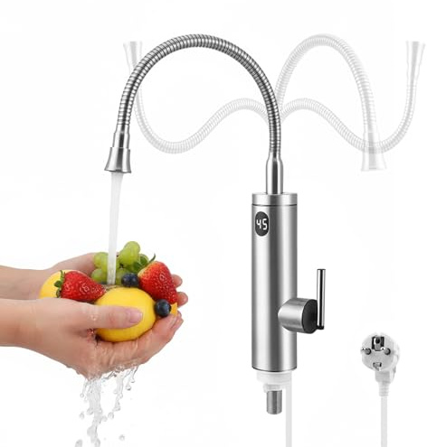 Wasserhahn mit Durchlauferhitzer Küche, 220V Elektrischer Wasserhähne mit Flexibler Auslauf und LCD Temperaturanzeige, 360º Drehung Silikonschlauchhahn, 304 Edelstahlgehäuse Wasserhahn (01)