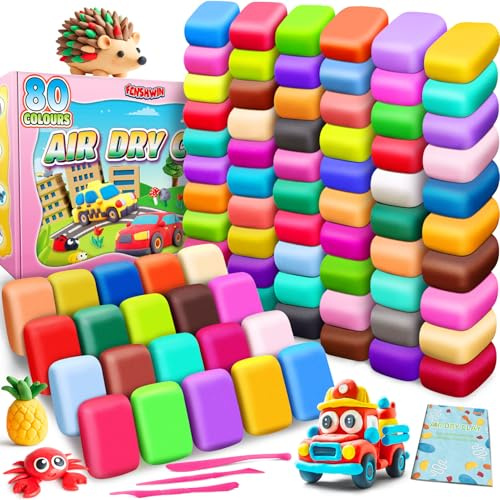 Argilla da Modellare, 80 Colori Pasta Modellabile Magica Essiccante All'aria per Bambini, Regalo per Ragazzi e Ragazze Dai 3 ai 12 Anni