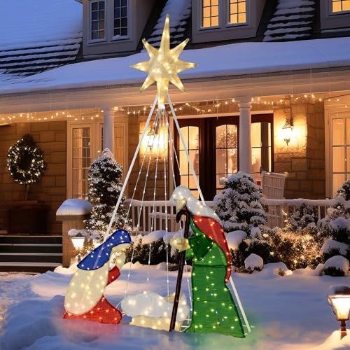 GOPLUS Belén de Navidad Exterior de 180 cm, Adornos Navidad Plegable, Figuras de Portal de Escena con 240 Luces LED, Seis Modos de iluminación para Balcon (Jesús 180 CM)