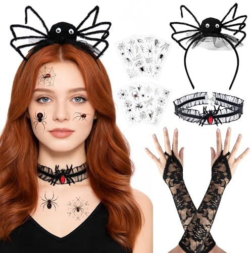 E1mity Damen Spinnen Haarreif Set mit Choker Spitzen-Handschuhen Temporäre Tattoos, Gruseliger Spinnennetz Stirnband Halloween Karneval Kostüm für Fasching Mottoparty Gothic-Party