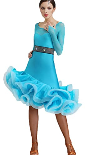 Yhsgscr Rundhalsad latinsk dansklänning med fiskbensmönster för kvinnor Dansklänning för samba rumba Cha Cha danskläder Slim fit Långärmade tangokläder,D,L
