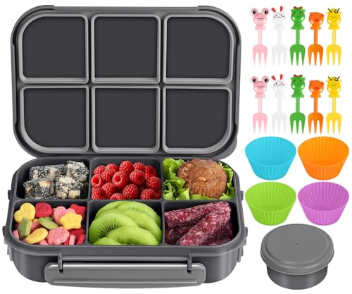 Amathley Lunch Box Kids Girls Boys,Bento Box Adult,Toddler Lunch Containers for School,Leakproof Snack Containers with 6 Compartments,Sauce Container,10 Food Picks and 4 Muffin Cups (Dark Gray)