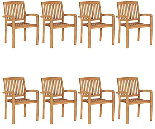 Mokuyary Stapelbara trädgårdsstolar, set om 8, massivt trä, teak, balkongstol, terrassstolar, matstolar för terrass, trädgård, balkong