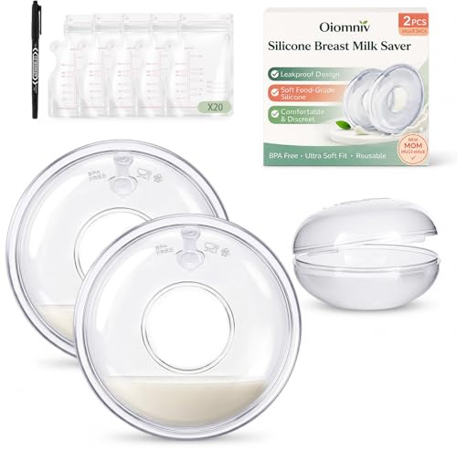 Oiomniv Milchauffangschalen Stillen, Brustschalen 60 ML Silikon Milchfänger | BPA-frei Wiederverwendbare Silikon Brustschalen Wiederverwendbare mit 20 Muttermilchbeutel, Lagerbox, 2 Stück