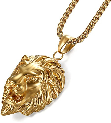 JewelryWe Schmuck Herren Halskette Edelstahl Löwe Löwenkopf Biker Anhänger mit 55cm Kette Geschenk
