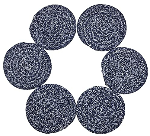 Absorbent Coasters for Drinks Set of 6, Woven Coaster Set, Soft Washable Drink Coasters,Small Cute Braided Placemats (navy blue)