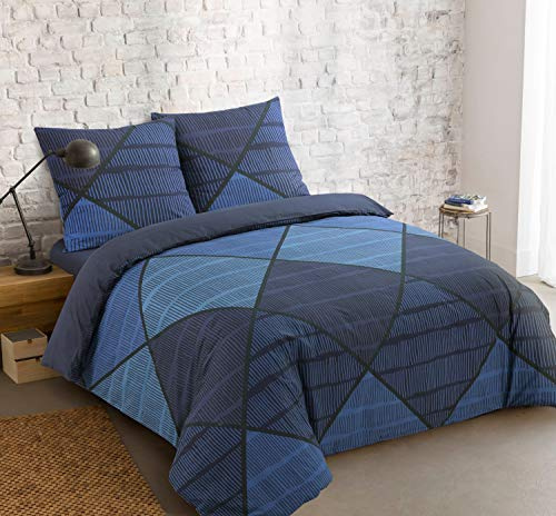 VISION - Parure Housse de Couette Harold Bleu - Housse de Couette 260x240cm Avec 2 taies Assorties 65x65cm - 100% Coton