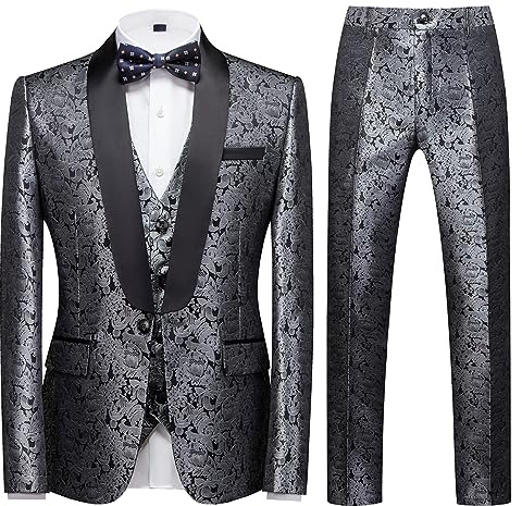 KUDORO Herren Anzüge 3-Teilig Slim Fit Paisley für Hochzeit Party Eine Knöpfe Jacquard Smoking Herrenanzug Sakko Weste Hose(Silber,L)