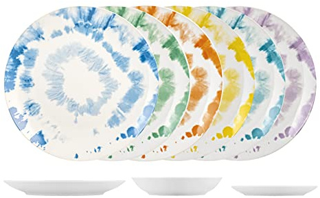 Home Tie&Bright - Vajilla de 18 piezas, material de porcelana, lavable en lavavajillas, elegante y moderno, multicolor