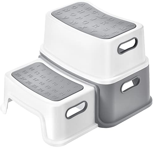 DEANIC Taburete Baño Niños, Escalon Infantil Peldaño 30cm(L) X37.5cm(W) X25cm(H), Antideslizante Escalera 2 Peldaños Infantil (Gris)