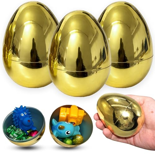 SRVertex 3Pk Fillable Plastic Jumbo Golden Easter Eggs, Empty Extra Large Easter Eggs Hinge Closure, Golden Easter Egg Tall - Size: 10cm
