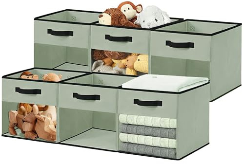 DECOMOMO Storage Bins, Cube Storage Bin with Window, Fabric Storage Cubes for Shelves (11 / 6pcs, Green)