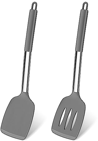 Pfannenwender, Joyfair 2 Stück Silikon Küchenhelfer Spatel Set, Pfannenwender Set mit Griff aus Edelstahl, Hitzebeständig Küchenutensilien für Kochen/Backen/Wenden, Spülmaschinenfest - Grau