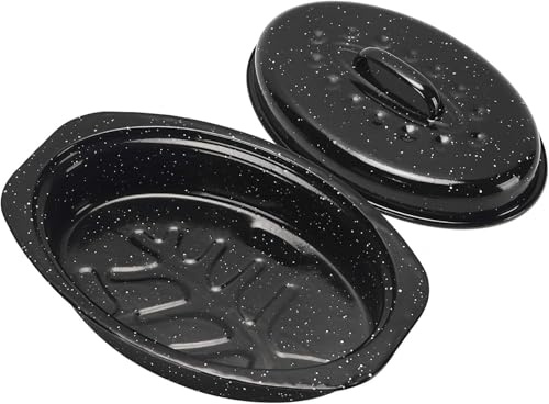 13 Inch Small Roasting Pan with Lid - Covered Oval Roaster - Enamel Carbon Steel Roaster Pot - Excellent Heat Distribution and Non-sticky - for Turkey Chicken Meat & Vegetables
