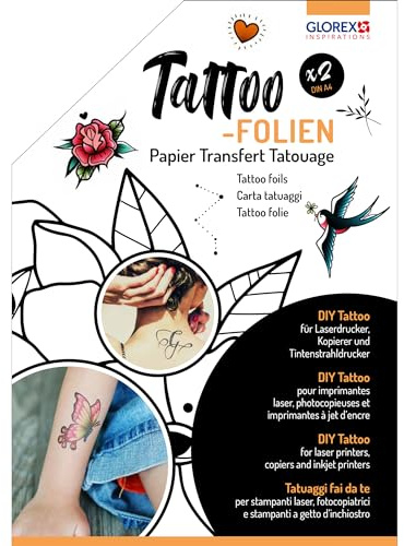 GLOREX 6 1241 600 - Tattoo-Folien, 2 Stück Papier A4, einfach und schnell zum eigenen DIY Tattoo, für Laserdrucker, Kopierer und Tintenstrahldrucker