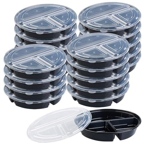 Rosenstein & Söhne Bento-Lunchbox: 20er-Set Lebensmittel-Boxen mit 3 Fächern und Deckeln, 900 ml, rund (Vesperdosen, Meal-Prepping-Boxen, Frischhaltedosen)