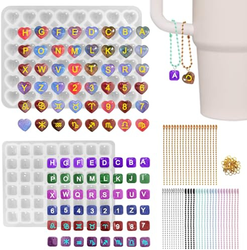 AFUNTA - 96 stampi in resina a forma di lettera dell'alfabeto, numeri, in silicone, con foro, a forma di cuore, quadrati, per colata in resina epossidica, per fai da te