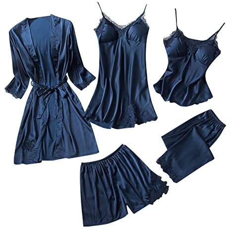 Set di pigiami in seta da donna, in raso, 5 pezzi, motivo floreale, con pizzo, vestaglia da notte, camicia da notte senza imbottitura - taglia più grande (51-Giallo, S), M