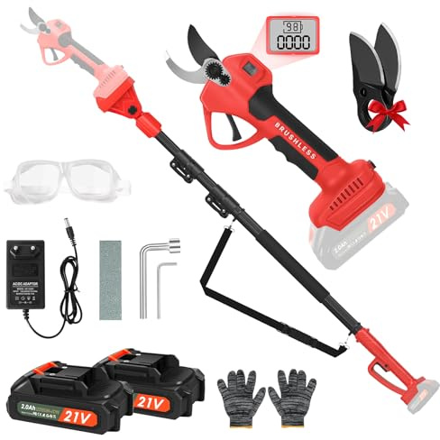 40mm Akku Astschere, 2-in-1 Telescopic Elektrische Gartenschere mit 2 Stück 21V 2000mAh Akkus & Ersatzklingen Set, Maximum Range up to 4.57 m, Elektrische Baumschere (Rot (mit Teleskopstange))