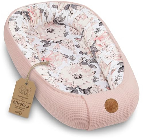Babynest för Nyfödd 50x90cm – vadderat Näste av Bomull & Våffeltyg – mjukt andningsbart ombonat och bekvämt för Spjälsäng Vagga Barnvagn Barnrum och Resa Semester Wild rose