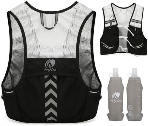 Outplea Laufweste mit 2 Stück 500ml Soft Wasserflasche, Leicht Laufrucksack Herren Damen, Trinkrucksack Trinkweste für Tailrunning Laufen Marathon Zubehör, Schwarz