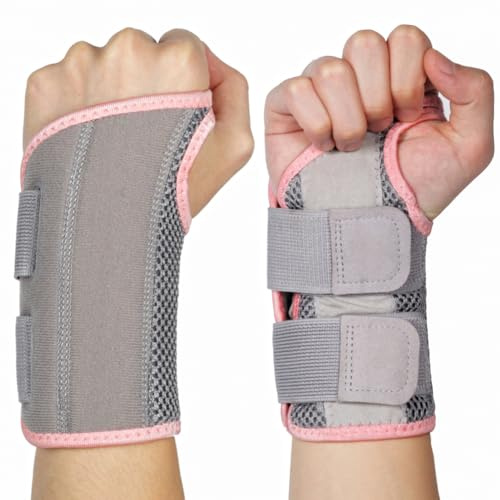 NuVigor Wrist Support Splint Brace, Right Left Hand Wrist Brace Carpal Tunnel for Men Women,Night Wrist Sleep Splints with Adjustable Straps for Arthritis,Pain Relief(Gray-Pink,S/M Right Hand)
