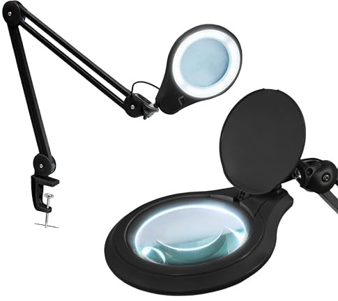 Neatfi LED-Lupenlampe mit Klemme, 1.200 Lumen – 12,7 cm 8-Dioptrien-Glaslinse, dimmbares Arbeitslicht | Verstellbarer Arm | Lesen, Nähen & Basteln (Schwarz, 8 Dioptrien)
