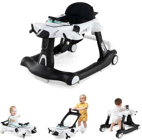 DREAMADE Lauflernhilfe, Babywalker mit Musik, Lichtern, verstellbarer Höhe & Geschwindigkeit, Lauflernwagen mit Flugzeugmotiv, Gehfrei Baby ab 6 Monate (Weiß)