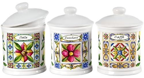 MA MAISON Set 3 Barattoli con Coperchio in Ceramica 13x15 cm Sale, Zucchero e Caffè - Contenitori, Decoro, per Cucina, Chiusura Ermetica, con Tappo, per Colazione, Cucinare
