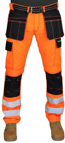 HASHOOB TRADING FZE Men’s Hi Vis Work Trousers Three Stitch Cargo Knee Pad Pocket Holster Pocket Workwear Pants (OSTSIX-OR1, 32W X 30L) Orange