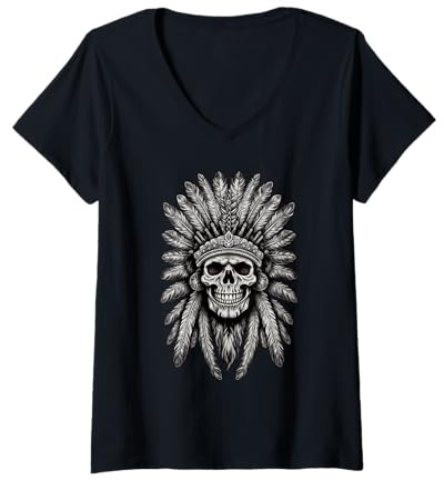 Damen Totenkopf Indianer Kopfschmuck Shirt Indianer Schädel Häuptling für Herren T-Shirt mit V-Ausschnitt