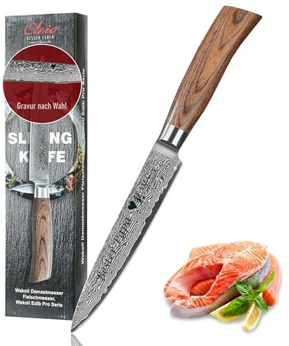 Wakoli EDIB Pro Damast Fleischmesser mit Gravur – Personalisiertes Tranchiermesser, 17 cm Klinge aus 67 Lagen Damaststahl (VG10-Kern), Pakkaholzgriff – Profi Küchenmesser in Geschenkbox