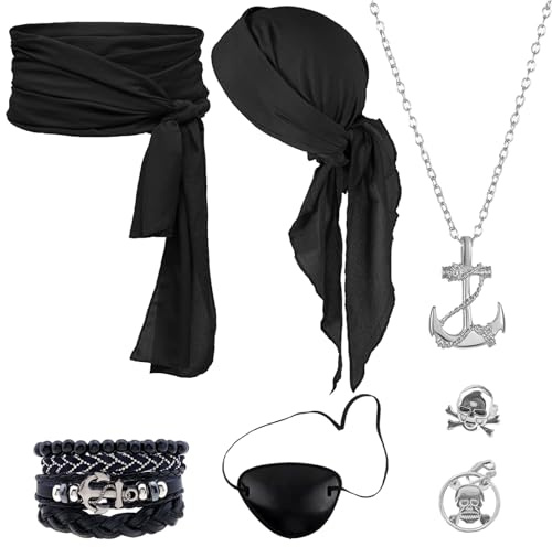 AUNGCSHE 7PCS Mittelalter Pirate Accessories, Piratenkostüm Damen und Herren Es Gibt Hüfttuch, Kopftuch, Augenmaske, Halskette, Ohrringe, Ring, Armband, für Halloween Cosplay Party (Schwarz)