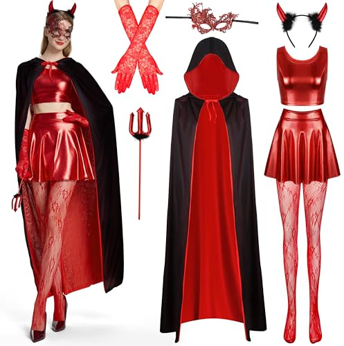 IEEILULU Costume da Diavolo da Donna, Diavolo Costume da Donna mit Teufelsgabel, Stirnband, Augenbinde und Handschuhen, Nero Rosso Donnas Diavolos Mantello Outfit Set per Halloween, Carnevale (M)