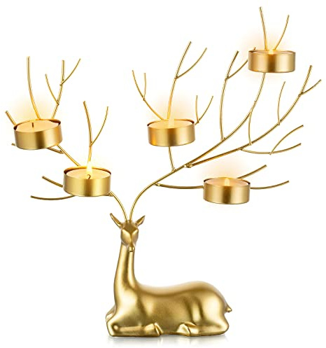 Sziqiqi Teelichthalter Weihnachten Tischdeko Hirsch: Gold Kerzenständer Weihnachten mit 5 Teelichter für Weihnachtsdeko Tisch - Teelichthalter Metall als Weihnachtsdeko für Tisch Fensterbank Kamin