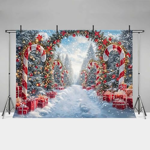 MEHOFOND Toile de fond Merry Christmas de 3 x 2,1 m - Cane Candy - Pour photographie d'hiver - Scène de neige - Arbre de Noël - Nouvel An - Décoration de fête - Bannière de vacances - Accessoire de