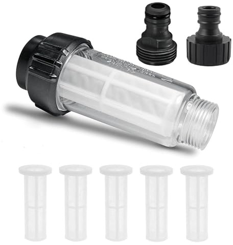 LightBeacon Wasserfilter Gartenschlauch, 3/4 Zoll Wasser Vorfilter, Wasserfilter Set mit 5 Filtereinsatz & 2 Schnelladapter für Hochdruckreiniger, Gartenpumpe, Gartenbewässerung