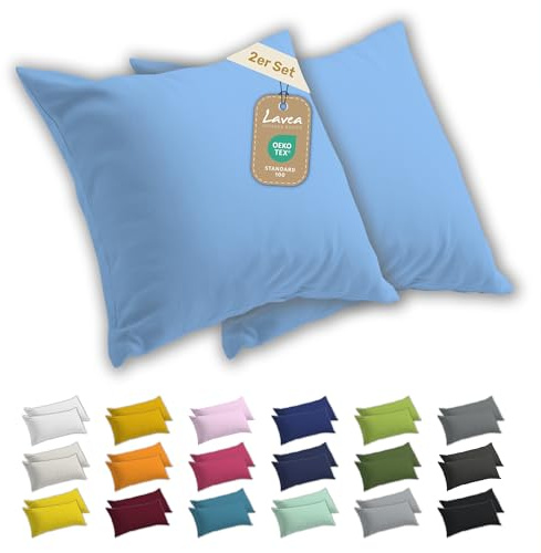 Lavea® 2er Set Kissenbezug 40x40 - Himmelblau | 100% Baumwolle Jersey – Weiche Kissenhülle & Kopfkissenbezüge, OEKO-TEX® Standard